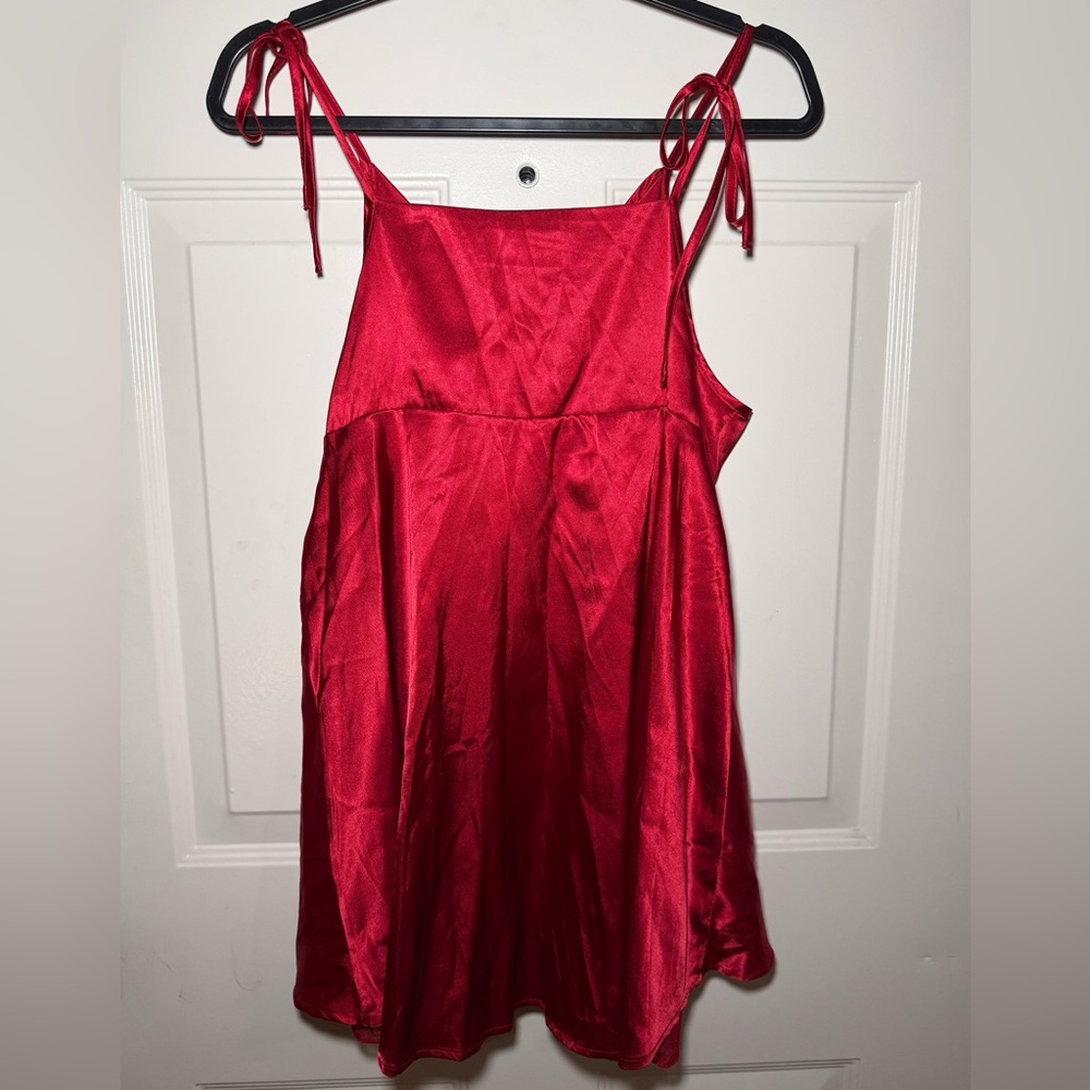 Cider Vibrant Red Satin Knotted Lace Ruffle Slip Dress - Picture 2 of 3